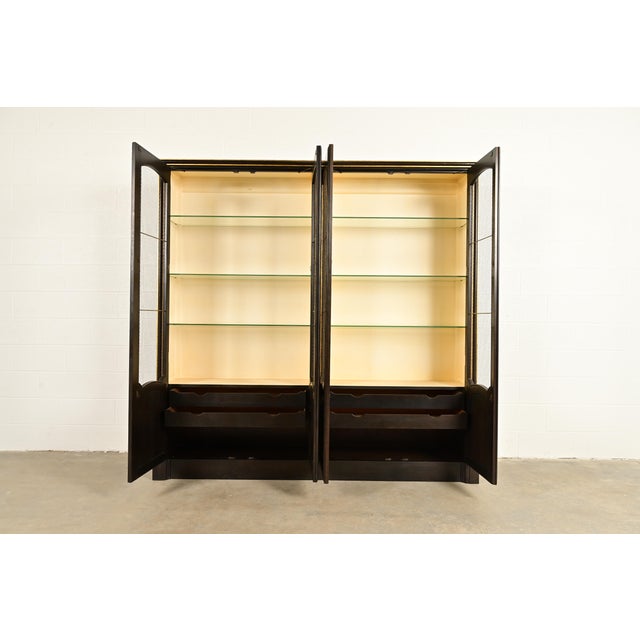 1960s Baker Furniture French Regency Louis XVI Carved Walnut and Parcel Gilt Lighted Breakfront Bookcase Cabinet, Circa 1960s For Sale - Image 5 of 14
