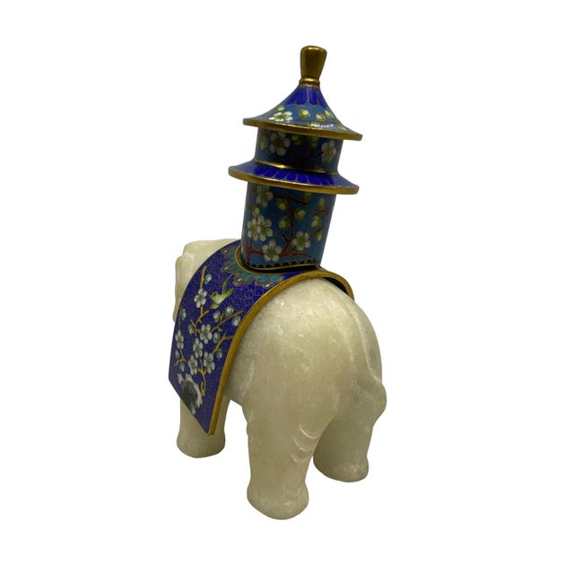 Vintage Japanese Carved Alabaster Elephant Figurine With Blue Cloisonné Ink Well With Cherry
