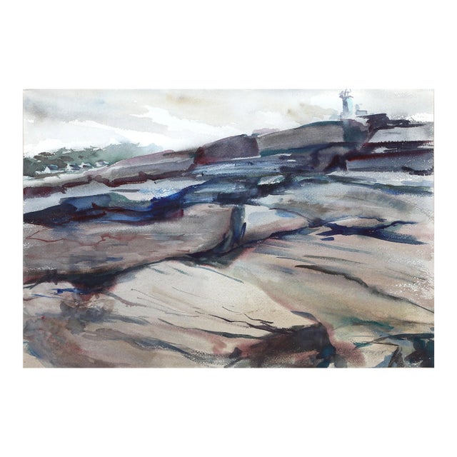 1950s "Rocks and Lighthouse P4.34" Watercolor Painting by Eve Nethercott For Sale
