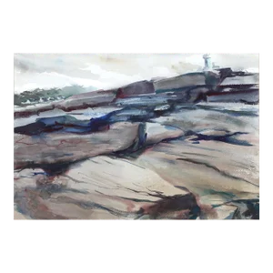 1950s "Rocks and Lighthouse P4.34" Watercolor Painting by Eve Nethercott
