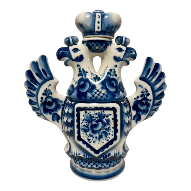 Vintage Gzhel Porcelain of Russia Coat of Arm Double Headed Eagle Hand Painted Decanter For Sale