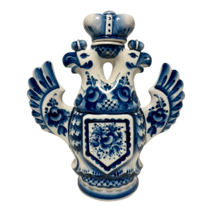 Vintage Gzhel Porcelain of Russia Coat of Arm Double Headed Eagle Hand Painted Decanter