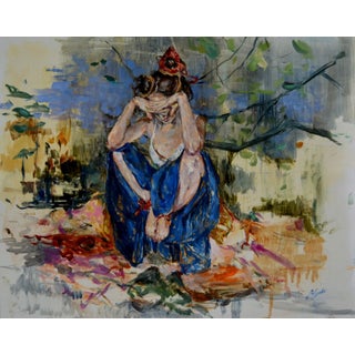 Wrung by Jaclyn Alderete | Oil on Board Depiction of a woman sitting with her head down. For Sale