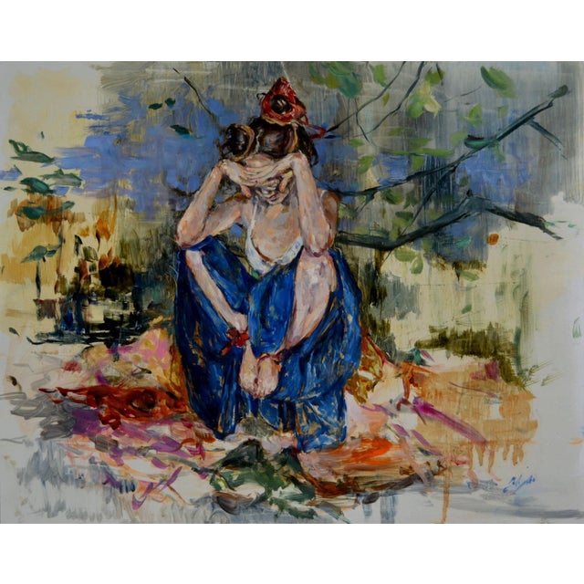 Wrung by Jaclyn Alderete | Oil on Board Depiction of a woman sitting with her head down. For Sale