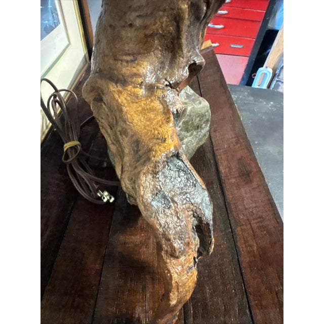 Large Mid-Century Studio Craft Burl Root & Unakite Stone Lamp With Organic Fiber Shade — 16” For Sale - Image 11 of 17