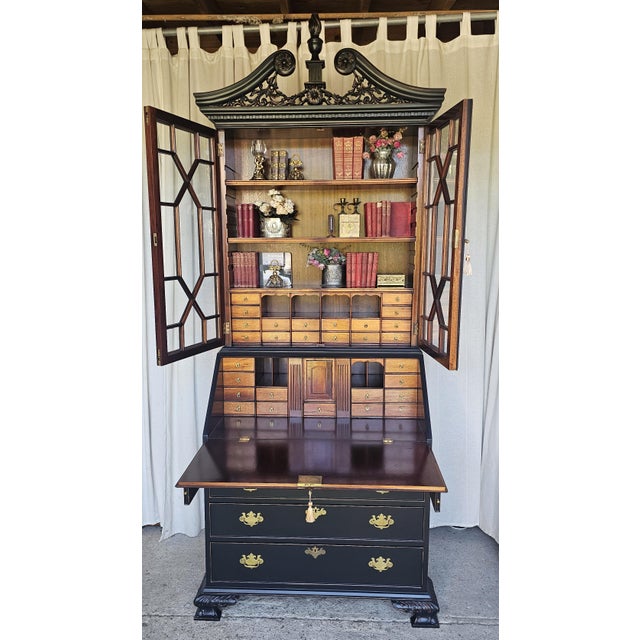 Vintage , 2 piece, Chippendale Style, Secretary desk with integrated Hutch. Drop wooden secretary leaf, with lots of...