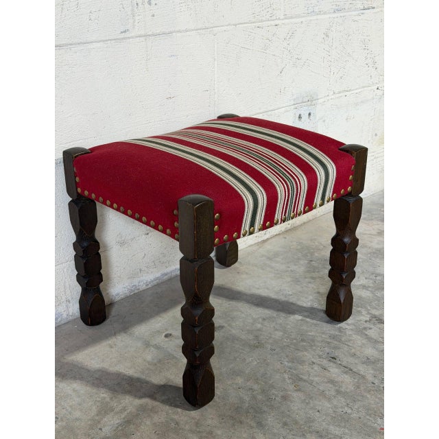 Dark Oak Ottoman Footstool With Red Striped Fabric Upholstery and Nailhead Trim Vintage For Sale - Image 4 of 10