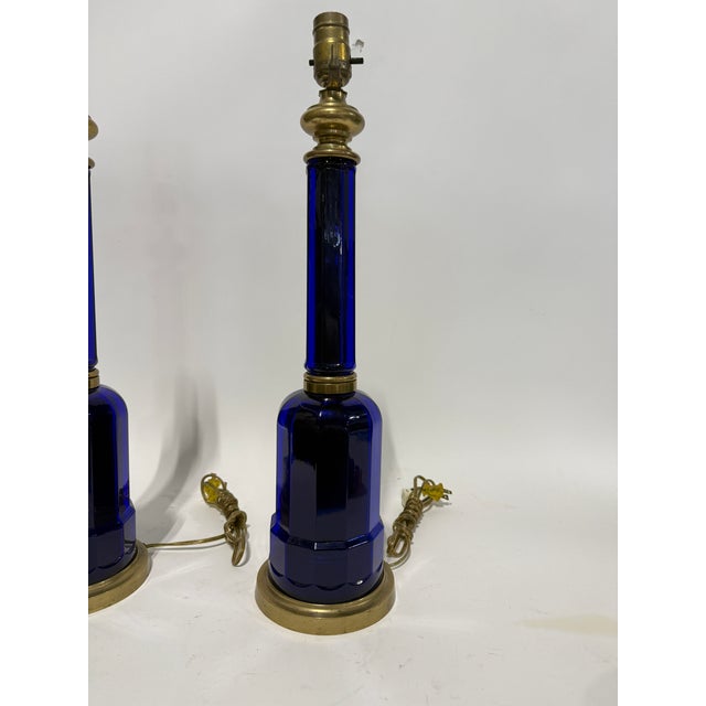 Metal Pair of Vaughan Cobalt Blue Glass and Brass Column Lamps For Sale - Image 7 of 7