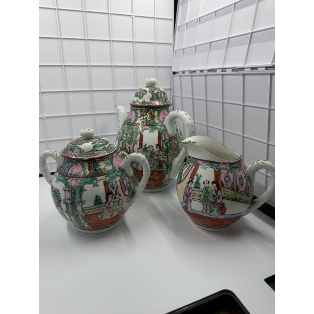 Chinese Antique Chinese Famille Rose Medallion Porcelain Tea Set; Teapot, Sugar, Creamer For Sale - Image 3 of 12
