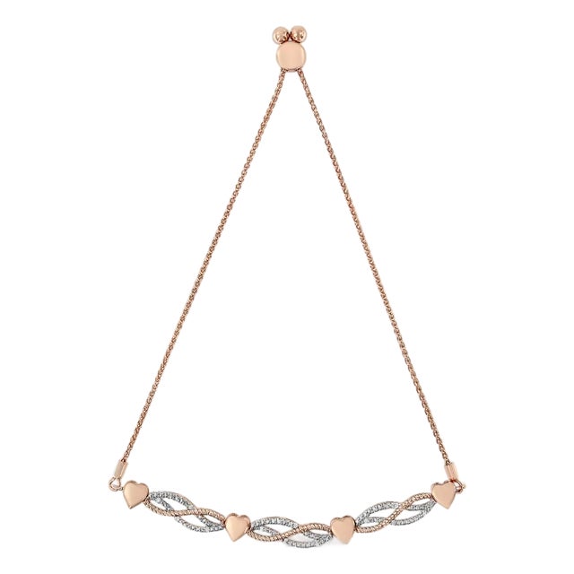 14K Rose Gold Plated .925 Sterling Silver Diamond Accent Layered Infinity Link and Heart Adjustable 4���-10��� Adjustable Bolo Bracelet For Sale