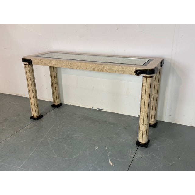 Vintage Italian Style Console Table in Stone Marquetry and Brass Details with Glass Top from Maitland Smith, 1980s For Sale - Image 11 of 16