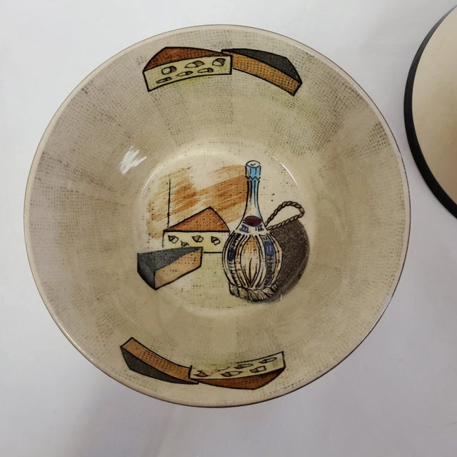 Ceramic Mid-Century Cocktail Nibbles Bowls with Wine & Cheese Motif- a Pair For Sale - Image 7 of 9