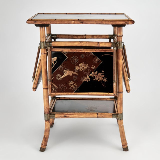 Chinoiserie Antique English Bamboo and Chinoiserie Lacquer Table or Stand With Fold Out Tray For Sale - Image 3 of 10