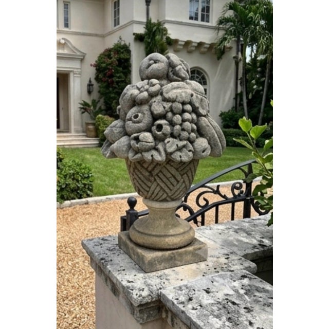Vintage Classical Cast Stone Fruit & Floral Urn Finial / Garden Basket Sculpture For Sale - Image 10 of 11