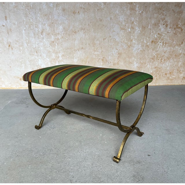 Hand-Forged Spanish Style Gilt Iron Bench With Striped Cotton Linen Seat For Sale - Image 9 of 14