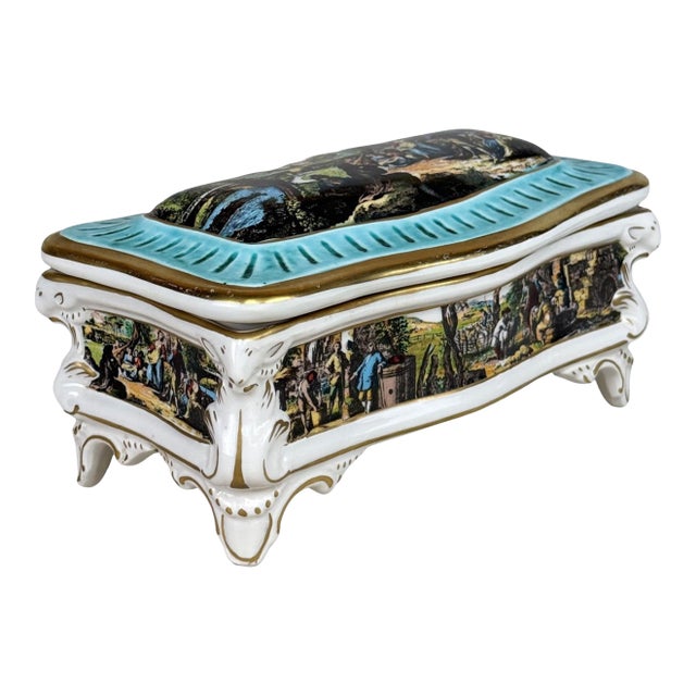 Vintage Capodimonte Italian Rococo Porcelain Jewelry Dresser Box W/ Lid For Sale