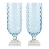 Pair of Vintage Light Blue Thumbprint Glass Hurricane Candle Holders on Tiered Crystal Bases For Sale