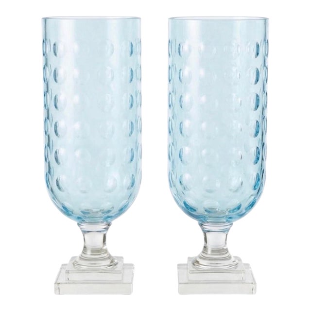 Pair of Vintage Light Blue Thumbprint Glass Hurricane Candle Holders on Tiered Crystal Bases For Sale