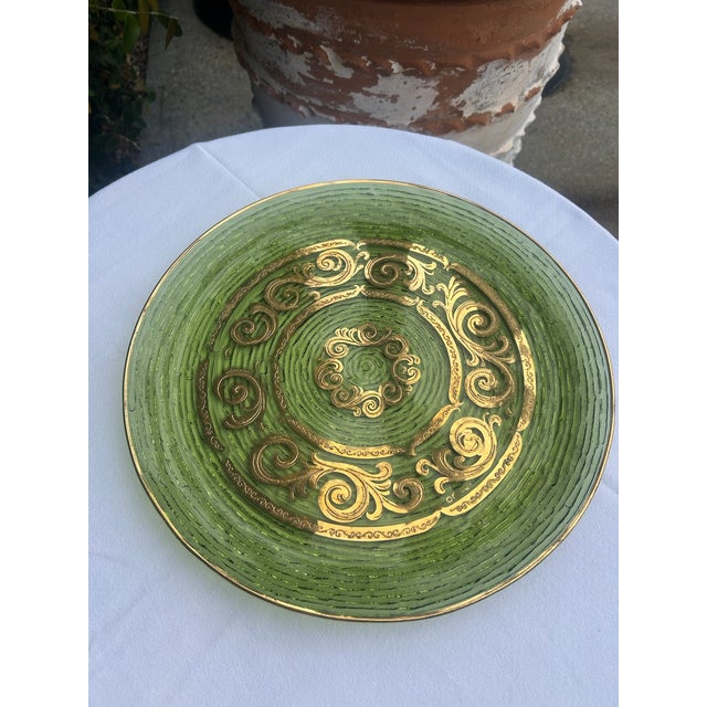 Mid-Century Modern Vintage Mid-Century Green Glass Platter With Gold Scrollwork For Sale - Image 3 of 10