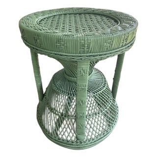 Vintage Wicker Side Table or Planter in Moss Green For Sale