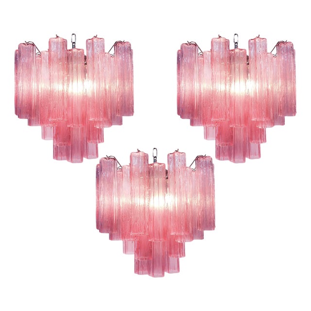 Trio Pink Glass Tube Chandeliers, Murano, 1970s, Set of 3 For Sale