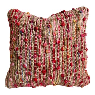 Jute Pom-Pom Pink & Tan Boho Chic Pillow For Sale