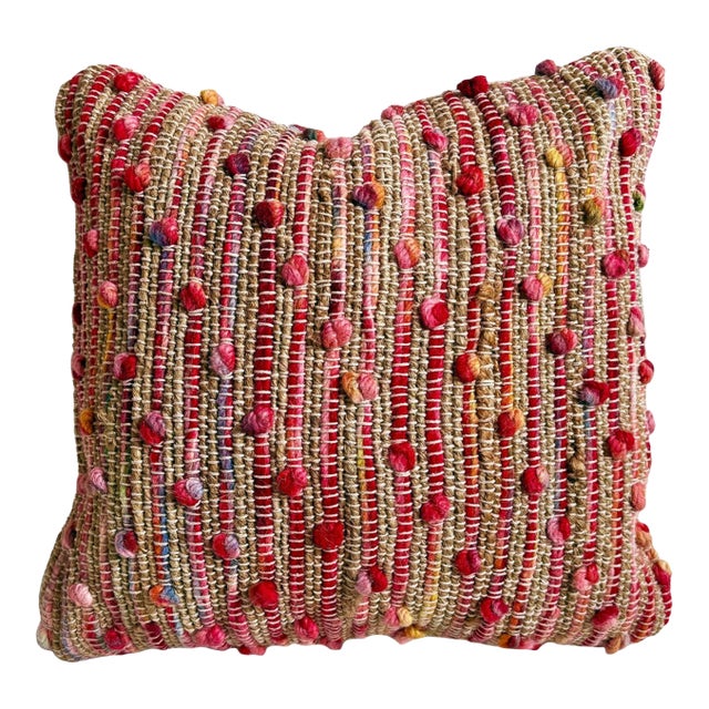 Jute Pom-Pom Pink & Tan Boho Chic Pillow For Sale