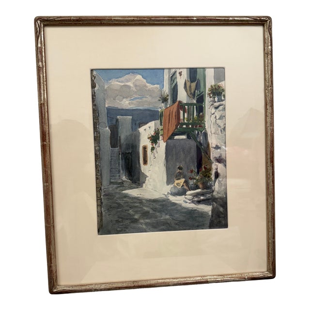 1960s Mediterranean Coastal & Village Scenes Original Watercolor in Custom Silver Leaf Frame For Sale