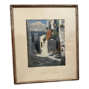 1960s Mediterranean Coastal & Village Scenes Original Watercolor in Custom Silver Leaf Frame