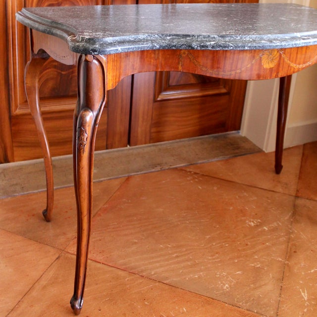 Wood Pair of Edwardian Satinwood Marquetry Console Tables With Marble Tops For Sale - Image 7 of 14