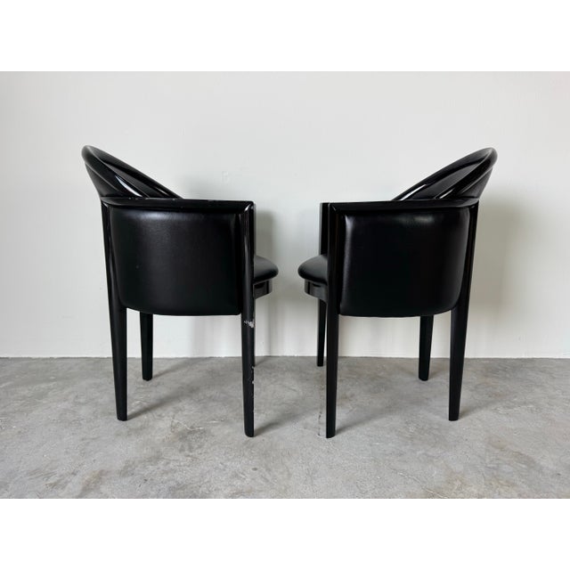 1980’s Italian Art Deco Postmodern Black Lacquer & Leather Club Chairs – Pair/ Sold For Sale - Image 4 of 12