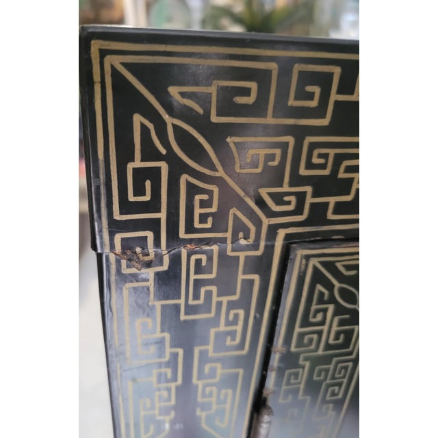 Vintage Chinoiserie Black Lacquered Large 4 Door Soapstone Decorative Storage Cabinet For Sale - Image 15 of 18