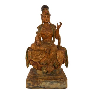 Large Chinese Hand-Carved Polychrome Wood Figure of Guanyin, Late 19th Century. For Sale