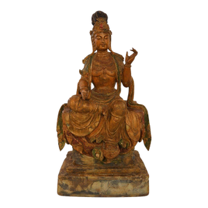 Large Chinese Hand-Carved Polychrome Wood Figure of Guanyin, Late 19th Century.