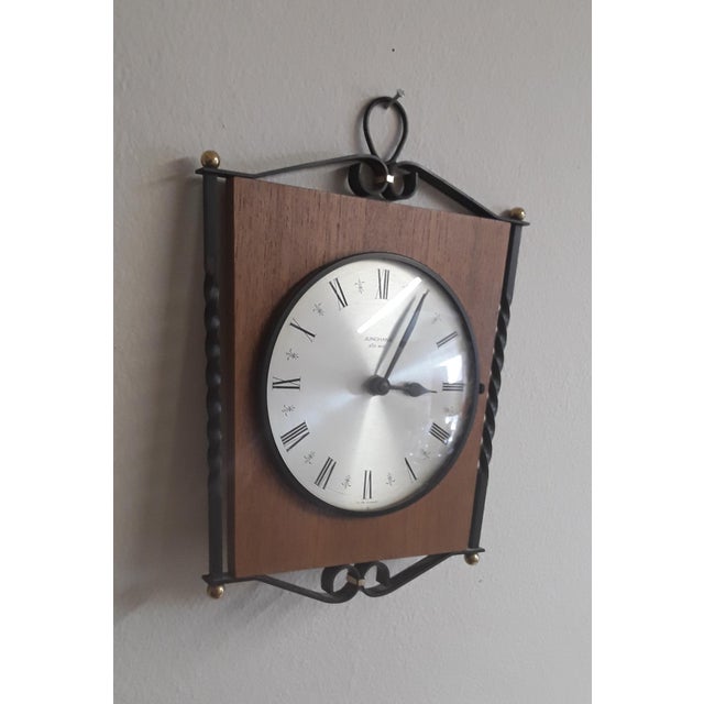 Vintage German Wall Clock in Teak & Brass from Junghans, 1970s For Sale - Image 3 of 5