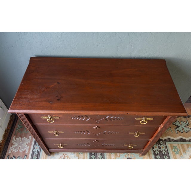 Wood Antique Chest of Drawers With Eastlake Carvings and Brass Hardware For Sale - Image 7 of 17