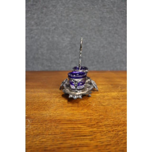 Metal Late 19th Century Double Salt Cellar With Cobalt Blue Glass Liners, Rococo Revival For Sale - Image 7 of 13