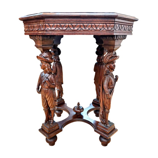 Wood Antique Renaissance Revival Octagon Oak Side Table Atop Four Musketeers For Sale - Image 7 of 11