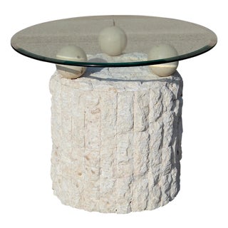 Vintage 1980s Postmodern Mactan Fossil Stone Round Side Table With Glass Top - Coastal Style For Sale