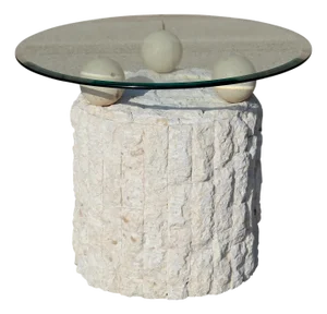Vintage 1980s Postmodern Mactan Fossil Stone Round Side Table With Glass Top - Coastal Style