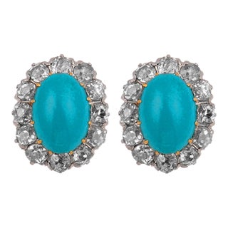 1910s Edwardian Turquoise Diamond 18k Yellow Gold Cluster Earrings, A Pair For Sale