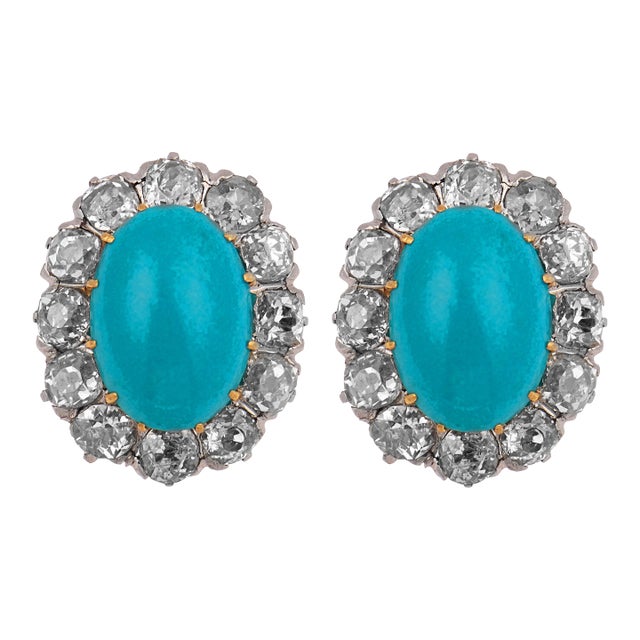 1910s Edwardian Turquoise Diamond 18k Yellow Gold Cluster Earrings, A Pair For Sale