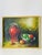 Post modern still life with red vase and apples oil on canvas painting. Gold tone frame.