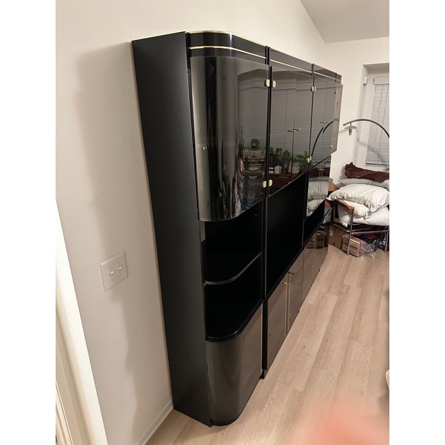 1980s Black Lacquered Post Modern Four Piece Wall Cabinet Curio Office Storage Unit With Display Lights For Sale - Image 4 of 12