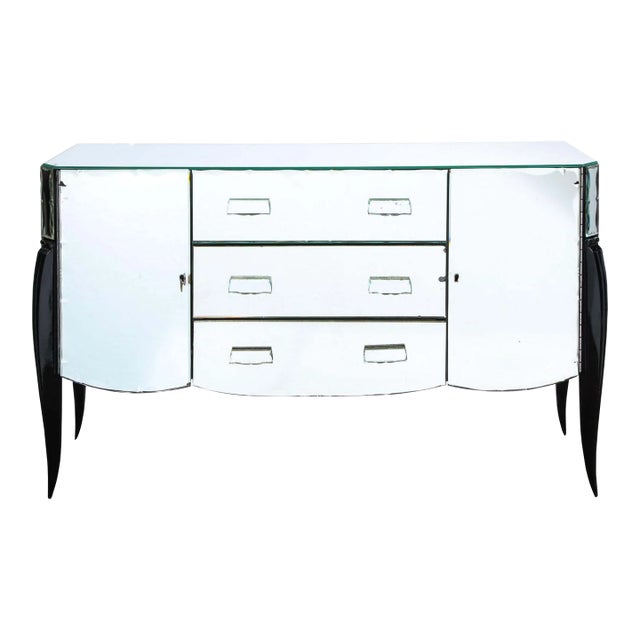 French 1940s Art Deco Beveled Mirrored Chest With Ebonized Walnut Cabriolet Legs For Sale