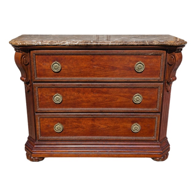Bernhardt Victorian Mahogany 3-Drawer Marble Top Chest W/ Brass Rosette Pulls For Sale
