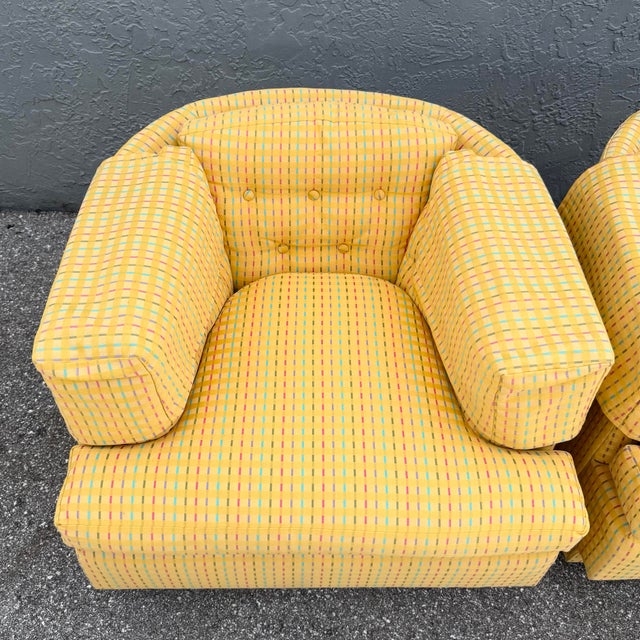 Vintage Mid Century Yellow Tufted Swivel Barrell Chairs With Pink Purple and Blue Stripes - A Pair For Sale - Image 4 of 12