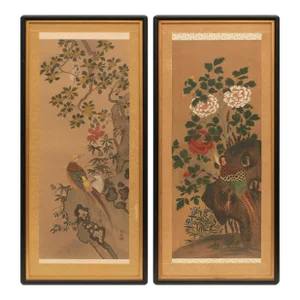 Large Meiji to Early Showa Japanese Painted Silk Scroll Panels, a Pair, Framed