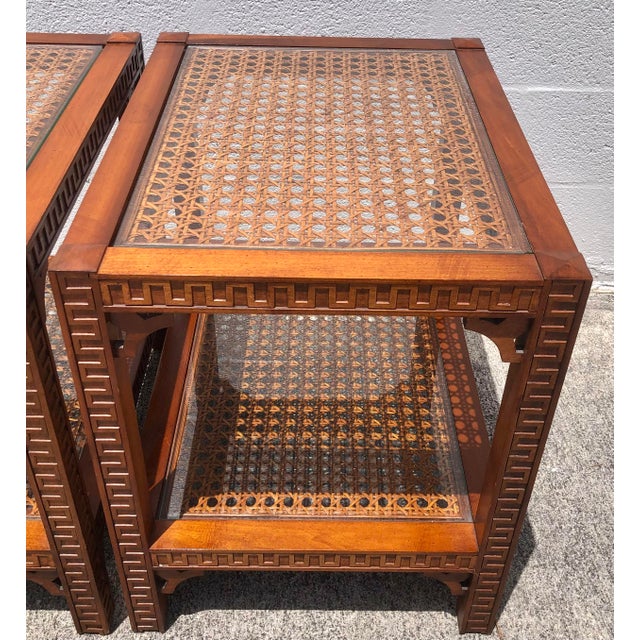 Brown Pair Vintage Mid Century Cane & Glass Side/End Tables For Sale - Image 8 of 18