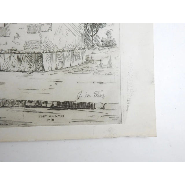 Vintage early 20th century etching on paper of the Alamo, San Antonio Texas. Signed J. M. Faz lower right corner....